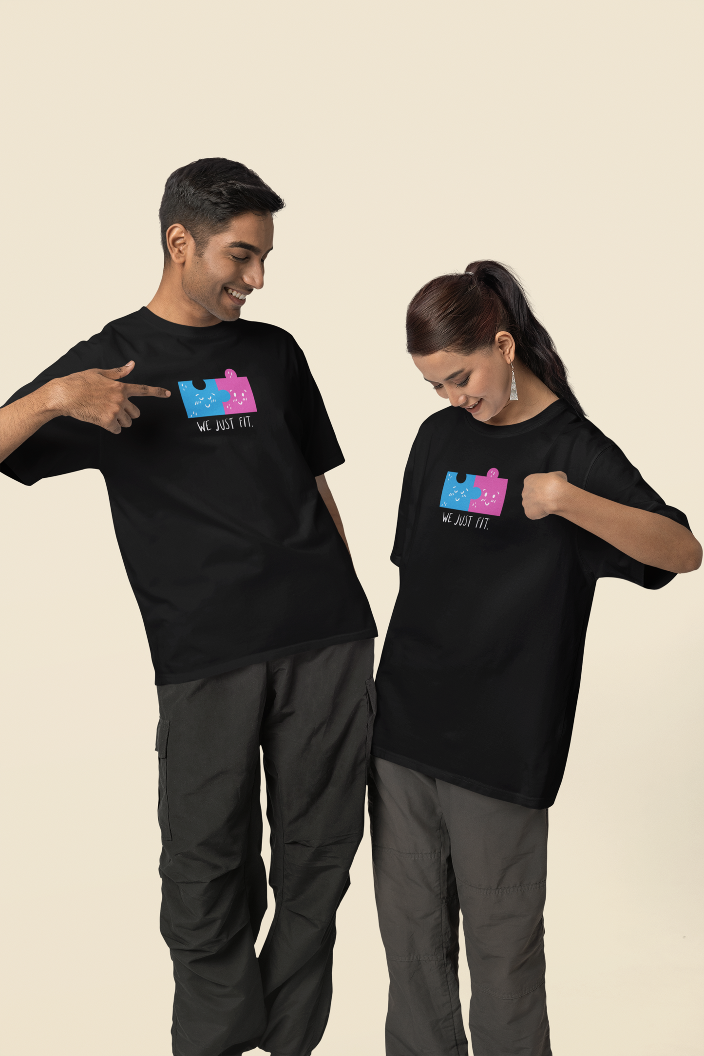 Bilkool We Just Fit Oversized T-Shirt Design for Couples