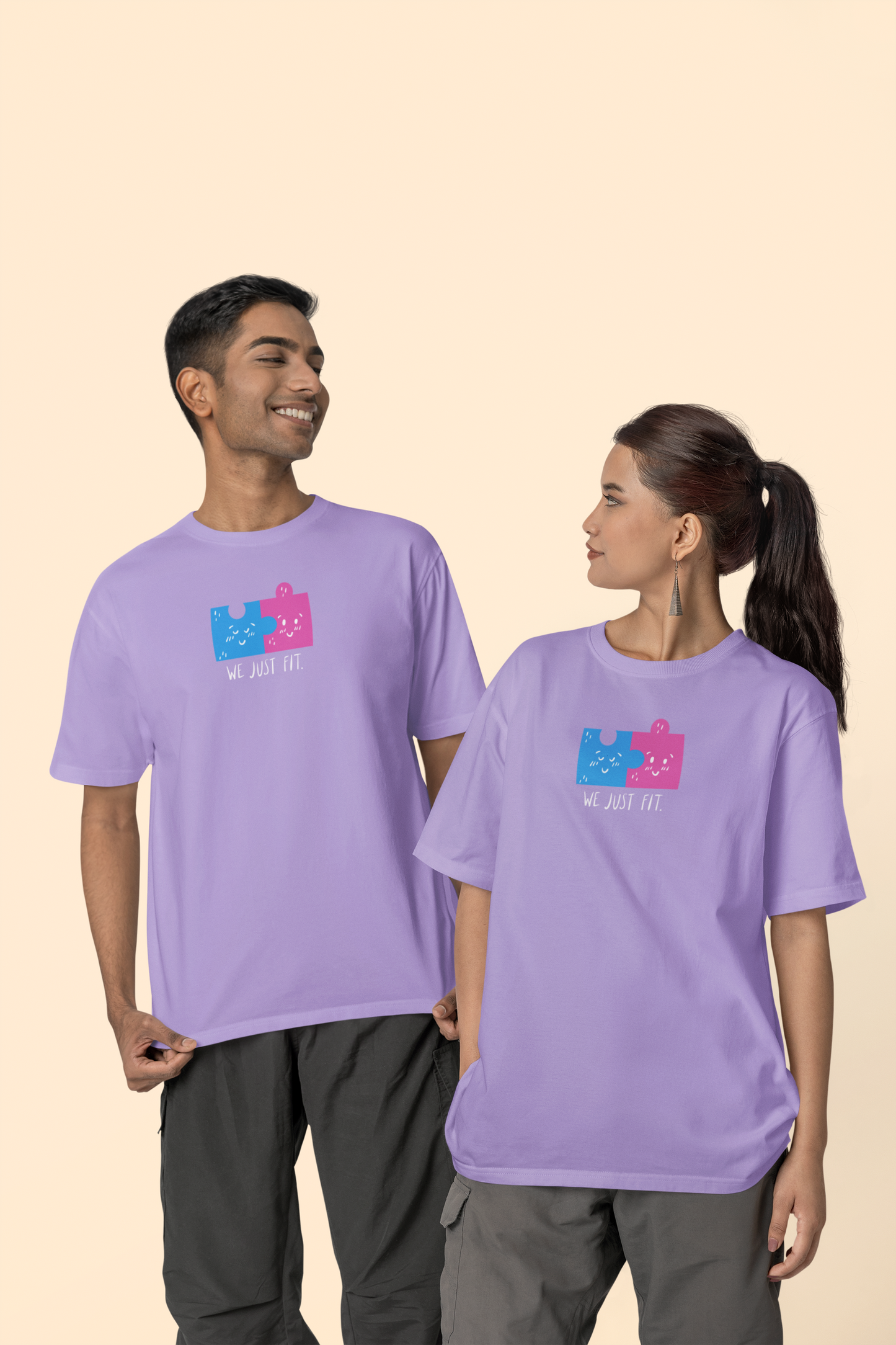 Bilkool We Just Fit Oversized T-Shirt Design for Couples