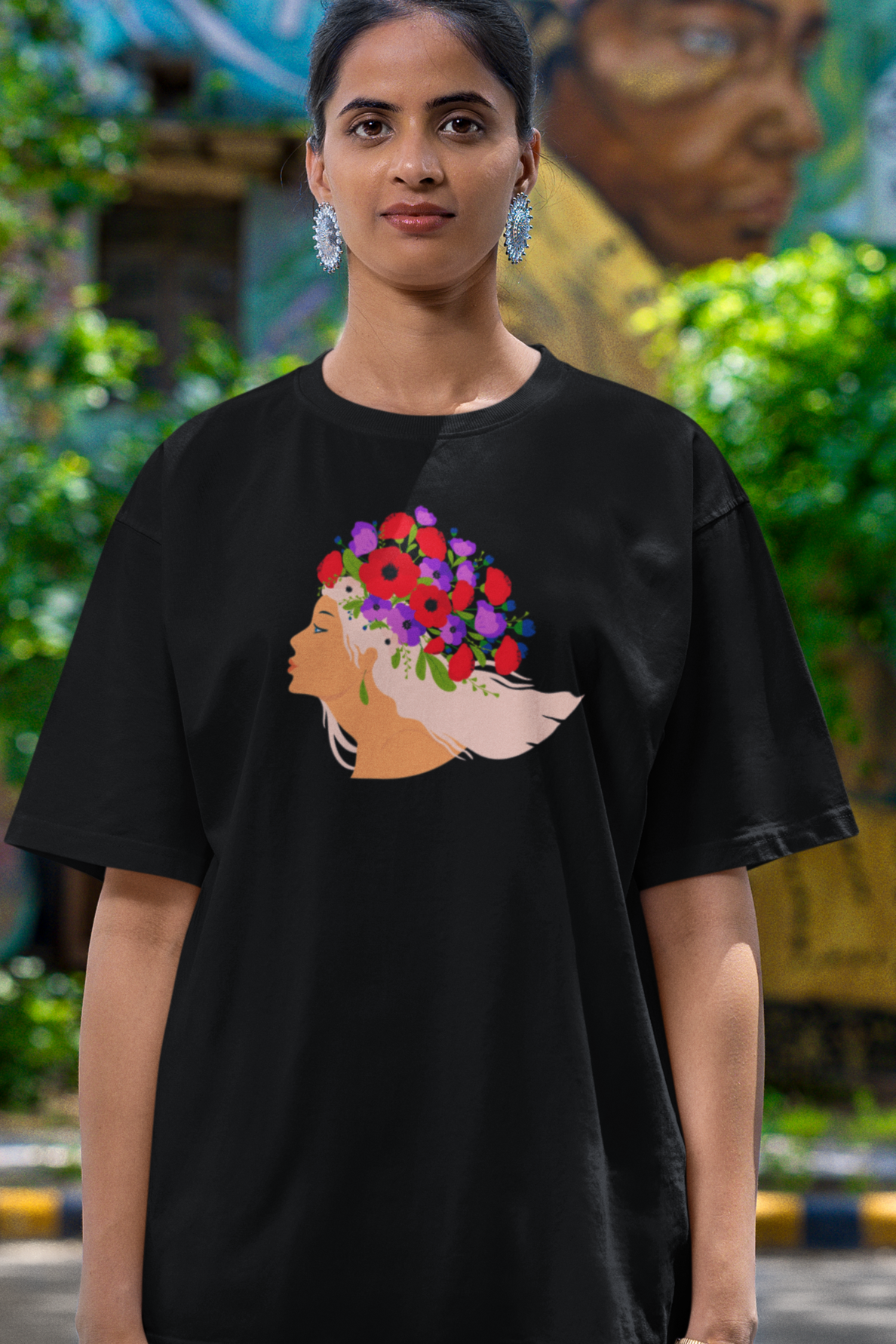 Bilkool Floral Crown Oversized T-Shirt for Women