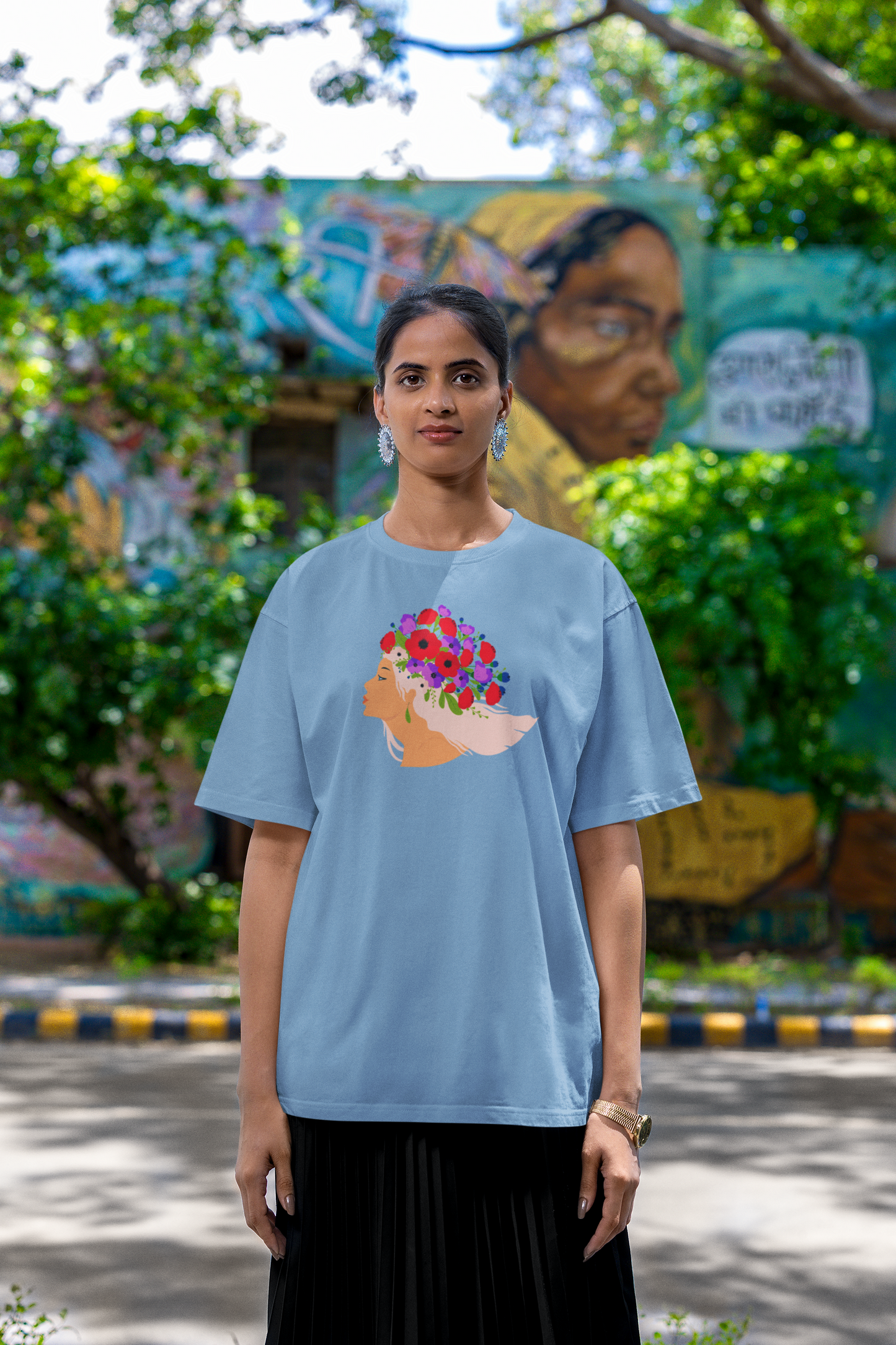 Bilkool Floral Crown Oversized T-Shirt for Women