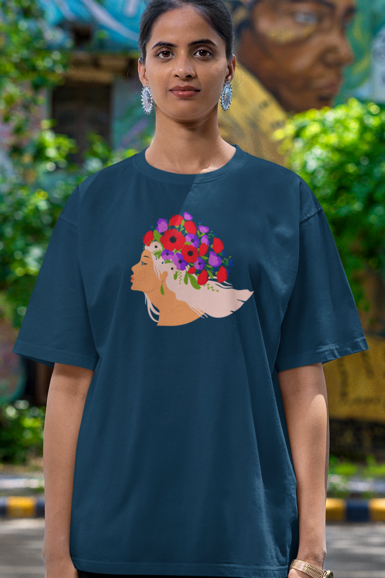 Bilkool Floral Crown Oversized T-Shirt for Women