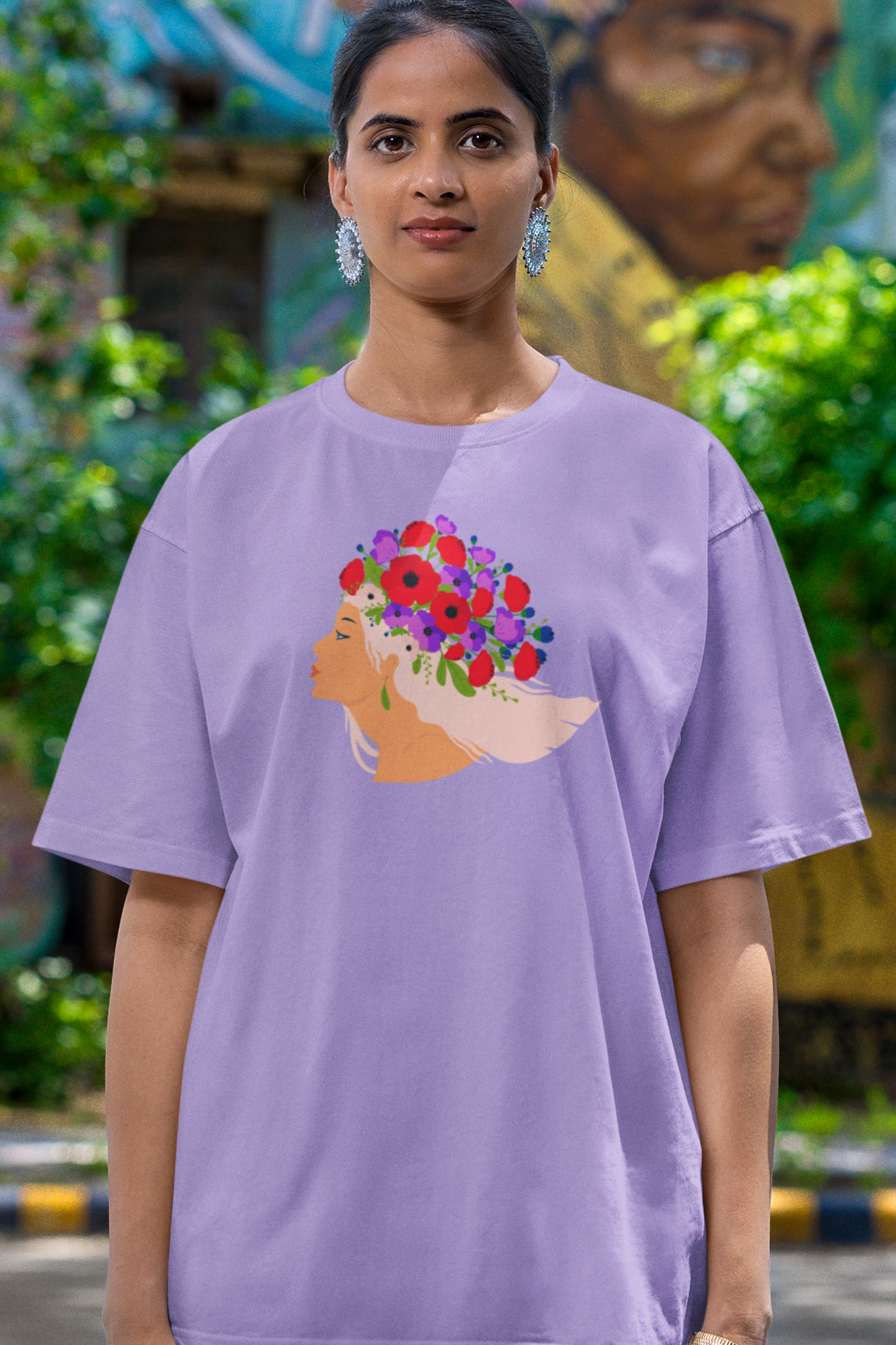 Bilkool Floral Crown Oversized T-Shirt for Women