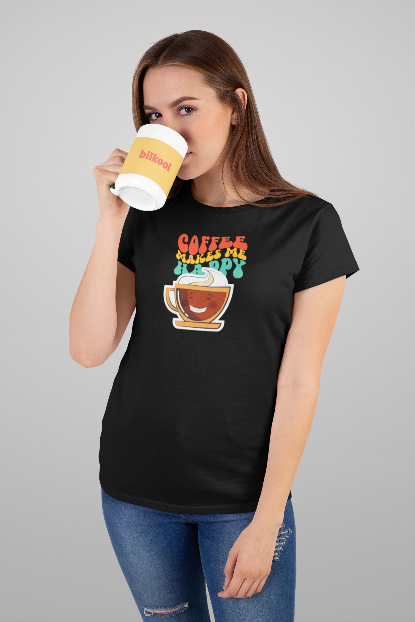 Bilkool Coffee Happy Cotton Half Sleeve T-Shirt for Women