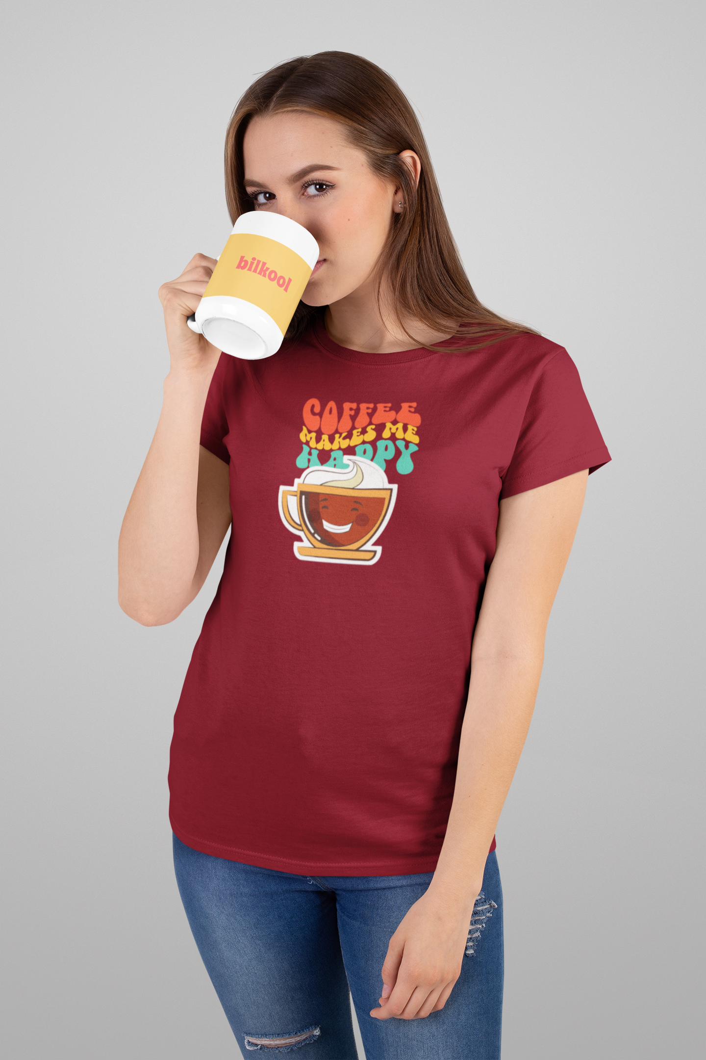 Bilkool Coffee Happy Cotton Half Sleeve T-Shirt for Women